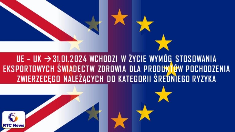 Od 31 stycznia 2024 obowiązuje wymóg stosowania eksportowych świadectw zdrowia dla produktów pochodzenia zwierzęcego należących do kategorii średniego ryzyka